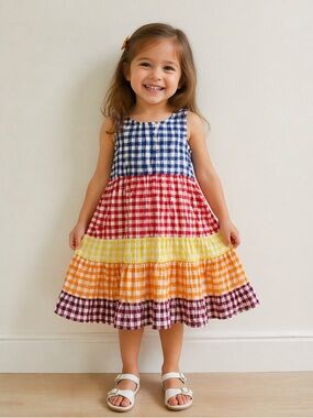 JW Anderson x Uniqlo Girls Gingham Tiered Dress Size 3-4Y Colorblock Summer